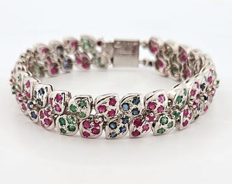 Natural Emerald Ruby Sapphire Bracelet-925 Sterling Silver-Multi Stone Tennis Bracelet-Diamond Cut- Bracelet-Prong Set