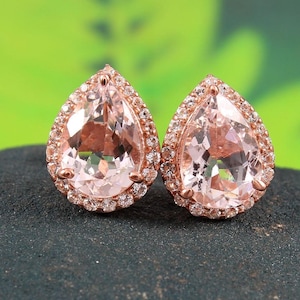 Natural Brilliant Pear Shape Morganite Studs Earring-Pear Cut Morganite Halo Studs-Morganite Earring-925 Sterling Silver-November Birthstone