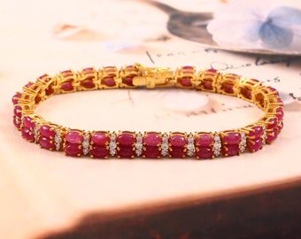 Pulsera de rubí natural - Pulsera de rubí con cabujón ovalado - Pulsera de compromiso - Joyería artesanal - Plata de ley 925 - Pulsera de tenis - Piedra natal de julio