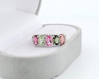 Natural Multi Tourmaline Ring-Oval Cut-925 Sterling Silver-October Birthstone-Prong Set-Multi Stone Ring
