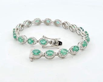 Natural Zambian Emerald Bracelet-White Topaz Accents-Oval Cut-925 Sterling Silver-Tennis Bracelet-May Birthstone-Anniversary Gift