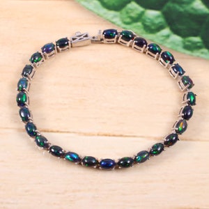 Natural Ethiopian Black Opal Bracelet-Oval Cabochon-Engagement Bracelet-Natural Black Opal Link Bracelet-Fire Opal Tennis Bracelet-925 Silvr