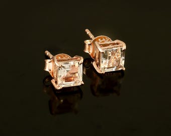 Natural Morganite Stud Earrings - 925 Sterling Silver - November Birthstone - Square Cut Stone