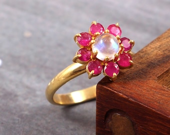 Natural Pink Sapphire-Moonstone Ring-Diamond Cut Pink Sapphire Jewelry-Promise&Wedding Ring-Sapphire-Moonstone Ring-Septembr Birthstone Ring