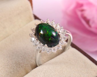 Natural Black Opal Ring - White Topaz Halo - 925 Sterling Silver - October Birthstone - Oval Cabochon