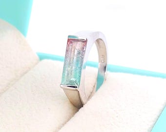 Natural Bi Color Tourmaline Ring-Oval Cut-925 Sterling Silver-October Birthstone-Channel Set-Multi Stone Ring