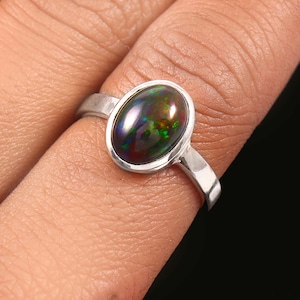 Natural Ethiopian Black Opal Ring-Oval Cabochon-925 Sterling Silver-October Birthstone-Fire Opal Ring-Mens Ring