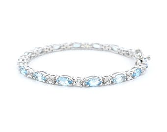 Natural Marquise Aquamarine-Round White Topaz Bracelet-Aquamarine-925 Sterling Silver-Aquamarine Tennis Bracelet-March Birthstone