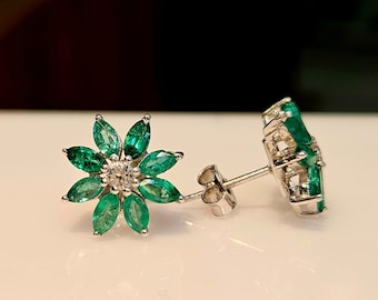 Zambian Emerald Flower Studs – Marquise Cut, Sterling Silver Earrings