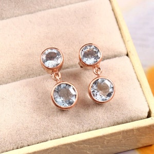 Natural Aquamarine Stud Earring-Round Cut Aquamarine Stud-925 Sterling Silver-Drop Dangle-March Birthstone-Aquamarine Earring-Wedding Jewlry