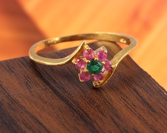 Natural Ruby-Emerald Ring-Round Cut-Ruby Flower Ring-July Birthstone-925 Sterling Silver