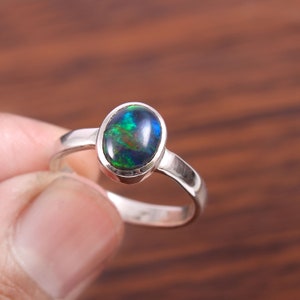 Natural Ethiopian Black Opal Ring-Oval Shape Cabochon-Black Fire Opal Ring-925 Sterling Silver Ring-October Birthstone-Opal Stackable Ring