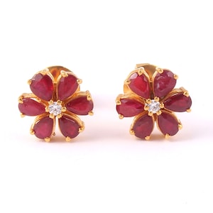 Natural Ruby Studs -Pear Cut Natural Ruby Stud-Amazing Ruby Flower Earring-Red Ruby Flower-18k Gold Vermail-Wedding & Engagement Gift Studs