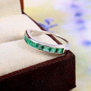 Natural Emerald Band Ring-Emerald Half Band Ring-925 Sterling Silver-May Birthstone Ring-Promise Band-Baguette Cut-Stackable Emerald Ring
