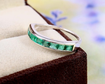 Emerald Band Ring, Sterling Silver, May Birthstone