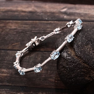 Natural Aquamarine Bracelet-Oval Cut-925Sterling Silver-Aquamarine Link Bracelet-March Birthstone-Aquamarine Chain Bracelet-Wedding Bracelet