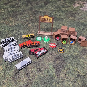 May include: A collection of miniature game accessories, including wooden crates, tokens, and an "EXIT" sign. The tokens feature various designs, such as silhouettes, stars, and a sheriff's badge. The color palette includes brown, red, yellow, and green.