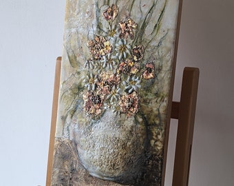 Golden Flowers Vase | Encaustic Art | Encaustic Painting | Canvas Painting | Wall Decor