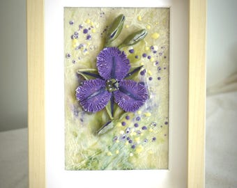 Pintura encáustica original violeta con flecos