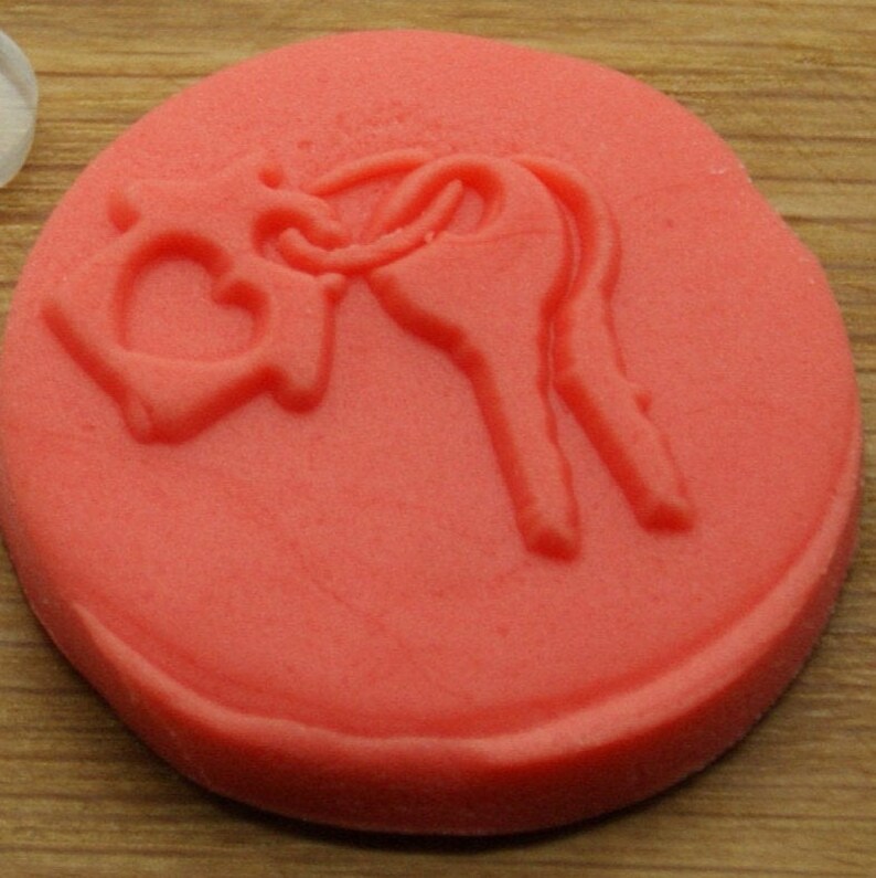 May include: A round, red, silicone stamp with a raised design of a stylized horse. The horse is facing to the right and has a long neck and tail.