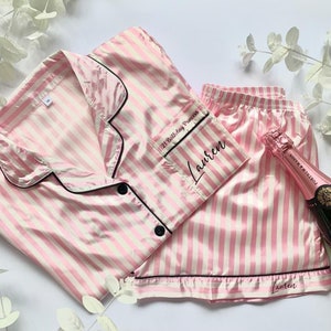 Personalised Pyjamas | Pink Personalised Pjs | Satin Personalised Birthday Pjs | Pink Striped Pjs | Matching Pink Pajamas | Custom Pj Women image 5