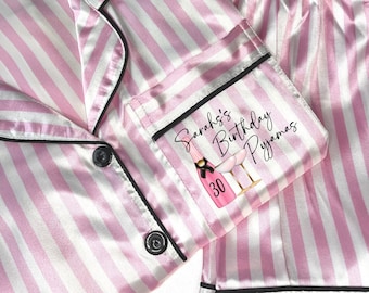 Pyjamas Birthday Name Age Satin Custom Pyjama Set for her | Birthday Party Pjs | Sweet 16 pjs | Striped piping pjs