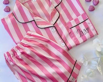 PJ Custom Pink Stripe Victorias Secret Style Pyjamas | Personalised Matching Pjs for Birthday Party | Pjs Birthday Name