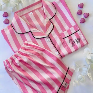 PJ Custom Pink Stripe Victorias Secret Style Pyjamas | Personalised Matching Pjs for Birthday Party | Pjs Birthday Name