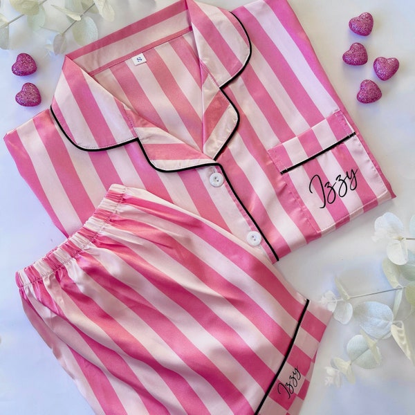 PJ Custom Pink Stripe Victorias Secret Style Pyjamas | Personalised Matching Pjs for Birthday Party | Pjs Birthday Name