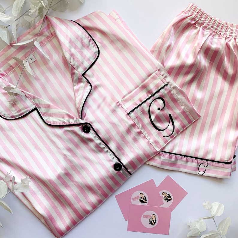 Personalised Pyjamas | Pink Personalised Pjs | Satin Personalised Birthday Pjs | Pink Striped Pjs | Matching Pink Pajamas | Custom Pj Women image 1