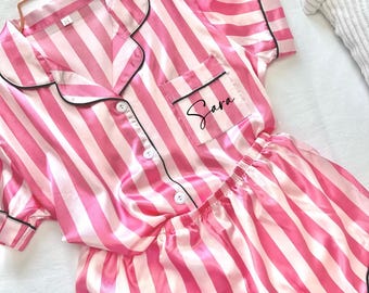 Personalised Pyjamas Women | Pink Pjs | Pink satin pyjamas | Pink matching pyjamas for women | Pyjamas for her | Satin pink hen party pjs