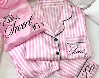 Personalised 16th Birthday Pyjamas | Sweet 16 Pink Satin PJs | Birthday Gift for Her | Pink Personalised Satin Pyjamas | Sweet 16 Birthday