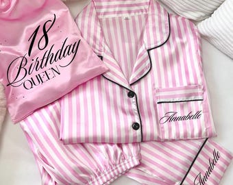 Personalised 18th Birthday Pyjamas | 18 Birthday Pink Satin PJs | Birthday Gift for Her | Pink Personalised Satin Pyjamas | 18th gift her