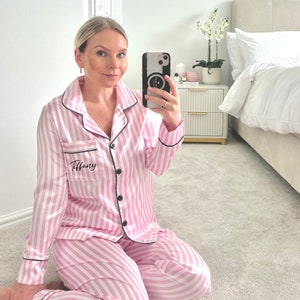 Personalised victorias secret inspired pyjamas,custom pink andwhite satin pyjamas, satin striped p, hen party pj, birthday girl pyjama gift