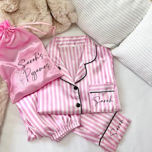 Personalised Pyjamas | Pink Personalised Pjs | Satin Personalised Birthday Pjs | Pink Striped Pjs | Matching Pink Pajamas | Custom Pj Women Pyjamas & Pyjama Bag