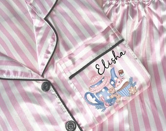 Girls Christmas Pjs | Personalised Christmas Girls matching pyjamas | Girls pink pjs Xmas | Pink and white stripe pyjamas | Candy cane pjs