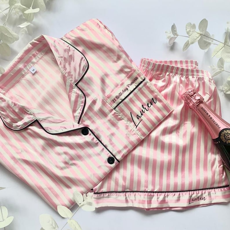 Personalised Pyjamas | Pink Personalised Pjs | Satin Personalised Birthday Pjs | Pink Striped Pjs | Matching Pink Pajamas | Custom Pj Women image 5