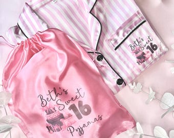 Sweet 16 personalised Pyjamas | Birthday pink pyjamas age 16 | 16th Birthday gift for her | Custom 16 year old gift | Pink pyjamas for party