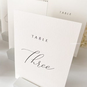 May include: White card with black text that reads "TABLE three" in cursive. The card is on a white stand.
