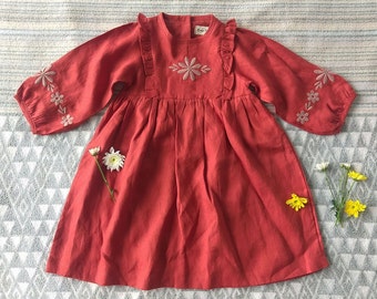 Girls Daisy Embroidery Dress - 100% Linen - Toddler dress - Toddler girl linen dress - Toddler gift  - Holiday Toddler romper