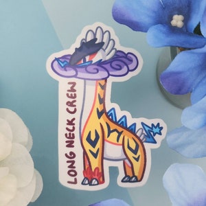 May include: A sticker featuring a cartoon giraffe-like creature with a long neck, orange and yellow body, and blue accents. The text "LONG NECK CREW" is printed vertically on the left side of the sticker. The sticker is surrounded by blue and white flowers.