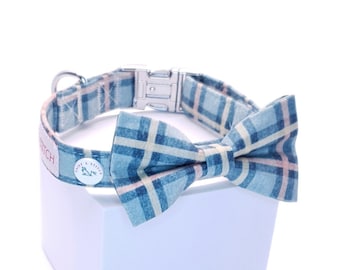 Comfy Cotton Blue Tartan Dog Collar & Bow Tie