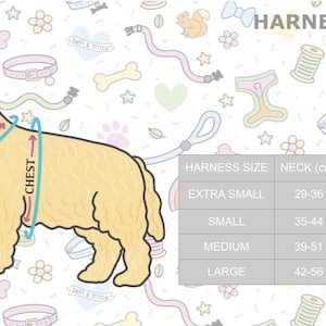 K&ouml;nnte beinhalten: Eine Tabelle mit den Gr&ouml;&szlig;en von Hundegeschirren, mit Ma&szlig;en in Zentimetern f&uuml;r Hals und Brust. Die Tabelle ist mit einem Cartoon-Hund illustriert, der zeigt, wo Hals und Brust gemessen werden sollen.