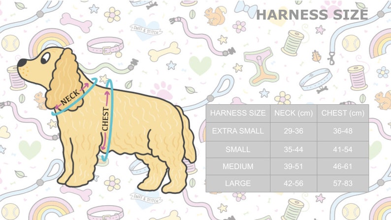 K&ouml;nnte beinhalten: Eine Tabelle mit den Gr&ouml;&szlig;en von Hundegeschirren, mit Ma&szlig;en in Zentimetern f&uuml;r Hals und Brust. Die Tabelle ist mit einem Cartoon-Hund illustriert, der zeigt, wo Hals und Brust gemessen werden sollen.
