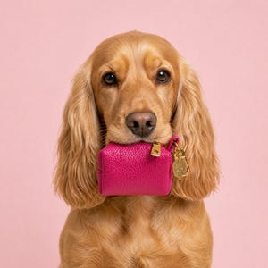 Könnte beinhalten: Ein goldfarbener Spaniel, der ein kleines, rechteckiges Etui aus strukturiertem, pinkfarbenem Leder im Maul hält. Das Etui verfügt über einen goldfarbenen Metallreißverschluss, einen passenden Reißverschlussanhänger und einen runden Goldanhänger.