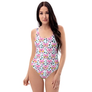 Witchy Cat One-Piece Swimsuit, Retro Bathing suit, Cat Swimsuit, Witch Bikini, Gothic Bodysuit, Cat lovers Swimwear, Pink Cat