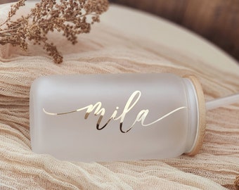 Personalized Frosted Iced Coffee Cup | Glass With Name Bamboo Lid | With Straw | Beer Can | Bridesmaid Gift | Proposal | Tumbler | Libbey