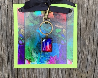 Keychain with hand painted alcohol ink glass cabochon