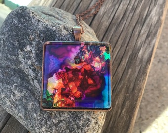 Hand painted square cabochon pendant