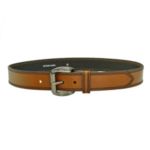May include: A brown leather belt with a silver buckle and a stitched design. The belt is labeled "Full Grain Leather".